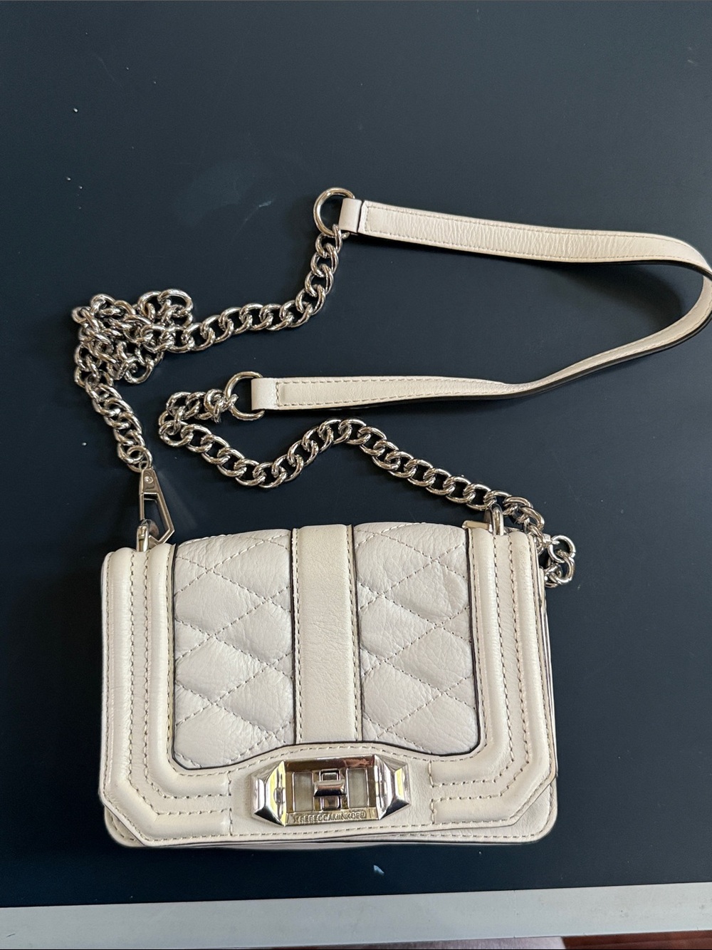 REBECCA MINKOFF Cream Quilted Leather Chain Crossbody Bag